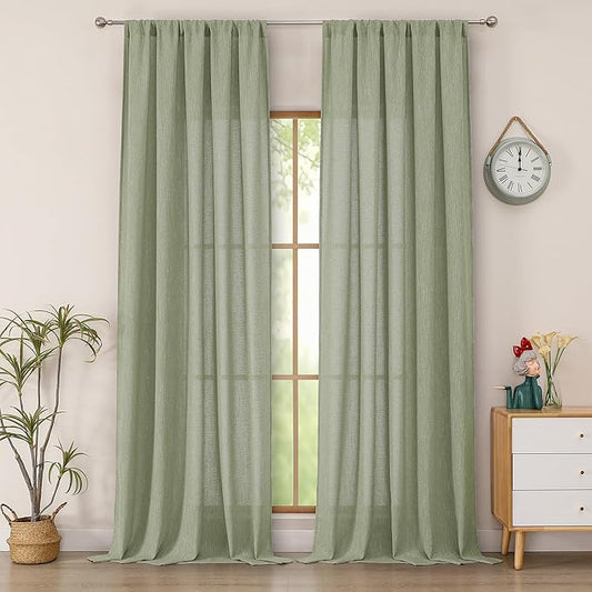 Simplebrand Sage Green Faux Linen Textured Semi Sheer Curtains 108 Inches Long 2 Panels for Living Room, Privacy Extra Long Light Filtering Farmhouse Thick Window Drapes for Large Window, 50W x 108L