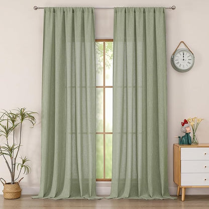 Simplebrand Sage Green Semi Sheer Faux Linen Textured 120 Inches Long Curtains 2 Panels Set, Privacy Farmhouse Window Drapes for Living Room/Birthday Party/Hallway Window Guest Room, 50 x 120 Inch