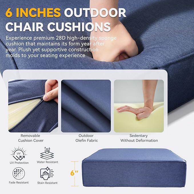 Outdoor Cushion Set for Furniture Patio Furniture, UV Resistant, Water Resistant - 6 Inch Thick Foam Garden Cushions – 22x24 Inch Patio Seat Covers for Chair/Sofa/Couch | Blue | 11-Pack |