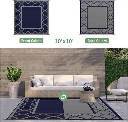 GENIMO 10 'x10 ' Outdoor Rug for Patio Clearance, Waterproof Indoor Outdoor Plastic Straw Rugs Carpet, Reversible Outside Area Rv Mat for Camping, Balcony Porch, Deck, Picnic, Beach (Blue & Grey)
