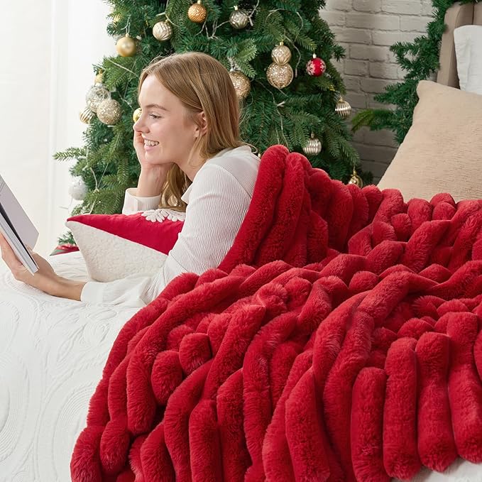 Cozy Bliss Faux Fur Throw Blanket for Couch, Cozy Warm Plush Striped Blanket for Sofa Bedroom Living Room, 50 * 60 Inches Cardinal Red