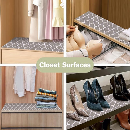 Drawer and Shelf Liner for Kitchen Cabinet: 17 in X 30 Ft Non Slip Waterproof Shelf Paper Non Adhesive Refrigerator Liners Gray Quatrefoil Easy Liners for Bathroom Cupboard with Knife Tape Measure