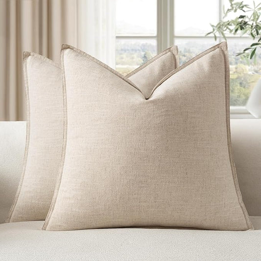 EMEMA Decorative Linen Throw Pillow Covers 26x26 Inch Natural Beige Boho Farmhouse Neutral Couch Throw Pillows for Bed Pack of 2 Accent Pillowcase Modern Sofa Cushion Livingroom Home