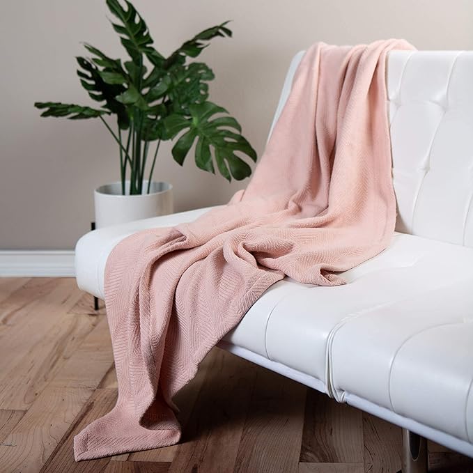 Sticky Toffee Cotton Throw Blanket 60x50 in – Woven Lightweight Blush Pink Blanket for Couch or Bed, Soft Herringbone Weave, Boho Farmhouse Style