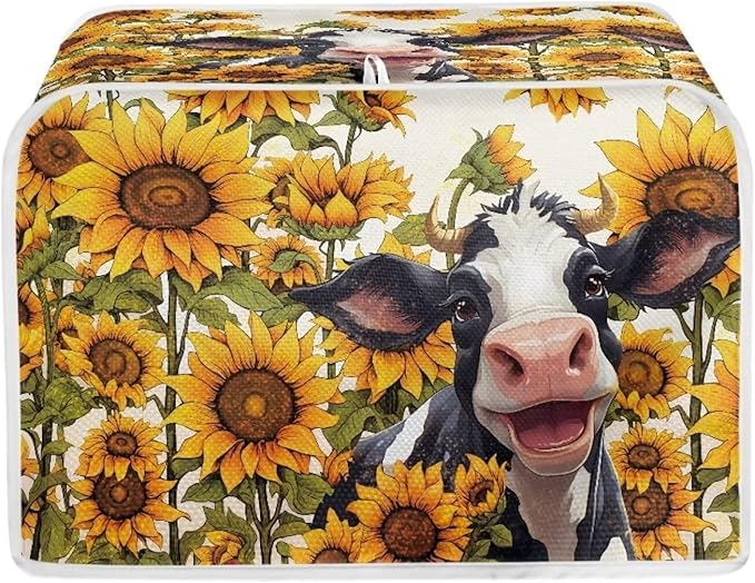 Sunflower Cow Printed Toaster Cover for 4 Slice Bread Maker, Anti Fingerprint Oven Dust Protector, Small Kitchen Appliance