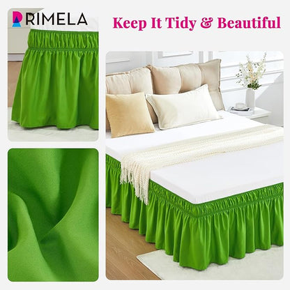 RIMELA Green Bed Skirt Queen Size 15 Inch Drop, Elastic Bed Skirting for Bed Base and Frame, Bedding Dust Ruffle Easy to Install, Lightweight Wrap Around Adjustable Bedskirt