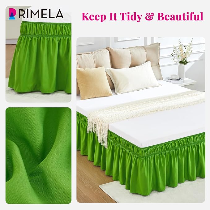 RIMELA Green Bed Skirt Queen Size 18 Inch Drop, Elastic Bed Skirting for Bed Base and Frame, Bedding Dust Ruffle Easy to Install, Lightweight Wrap Around Adjustable Bedskirt