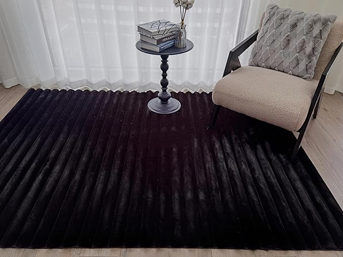 GLORY RUGS Area Rugs Striped Soft Faux Rabbit Fur Rug 8x10 Becky Black Plush Carpet Shag Cozy Fluffy Rug Non Slip Rugs, Machine Washable Shaggy Area Rug Bedroom Living Room and Dining Room.
