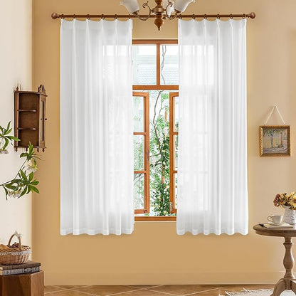 White Pinch Pleat Curtains 63 Inches Long Light Filtering Sheer Curtain Panels for Bedroom, Soft Touch Tree Branch Pleated Drapes with Adjustable Hooks (No Rings), White, 42"W x 63"L, 2 Panels