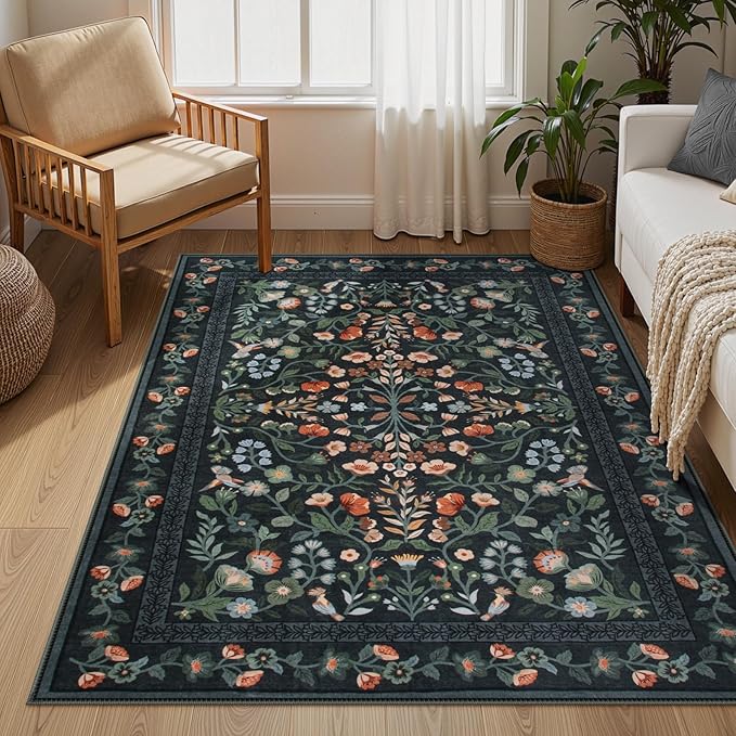 Lahome Floral Washable Rug 5x7, Black Rug for Bedroom Non-Slip Stain Resistant Soft Carpet for Living Room, Vintage Botanical Print Low-Pile Carpet for Kitchen Office Entryway, Black