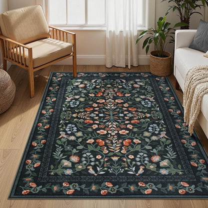 Lahome Floral Washable Rug 5x7, Black Rug for Bedroom Non-Slip Stain Resistant Soft Carpet for Living Room, Vintage Botanical Print Low-Pile Carpet for Kitchen Office Entryway, Black