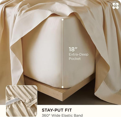 Bedsure Cooling Sheets, Rayon Derived from Bamboo & Cotton Blend, GentleSoft, Breathable, King Size Sheets Set, Deep Pocket Up to 18 Inches, Hotel Luxury Bedding for Hot Sleepers, Beige