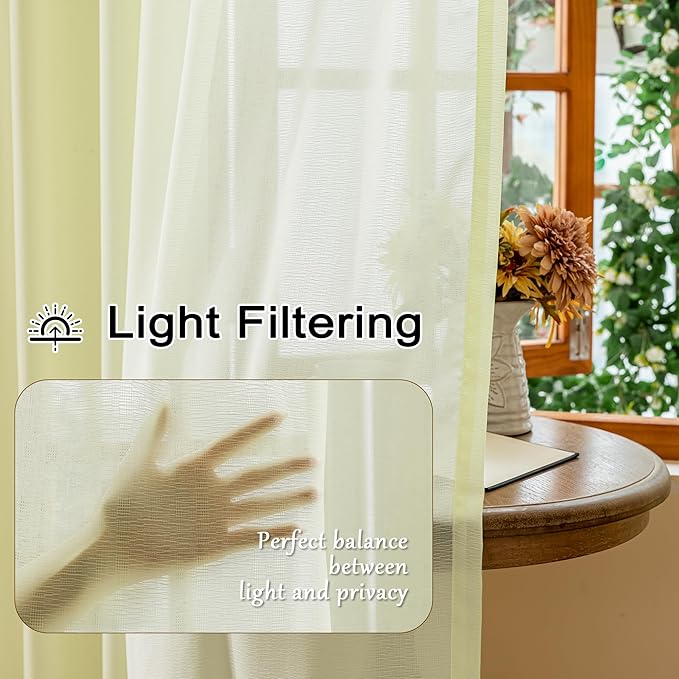 MAIHER Light Yellow Pinch Pleated Sheer Curtains 63 Inch Length Light Filtering Soft Touch Short Pleated Drapes with Hooks for Kids Room, Pear Sorbet, 42" W x 63" L, 2 Panels