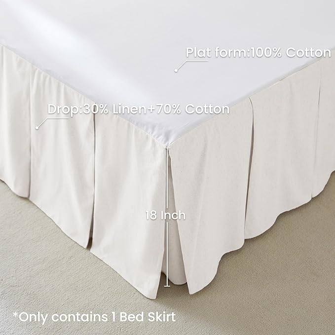 BISELINA French Linen Pleated Bed Skirt, 18" Tailored Draped Natural Linen-Cotton Blend Basic Dust Border Soft Comfort Farmhouse Bedding (18" Queen, White)