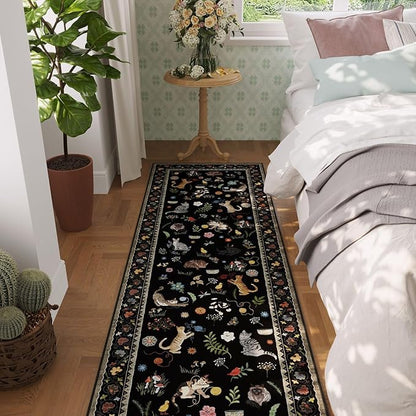Rugcomf Runner Rug for Kitchen Non Slip 2'x6' Washable Rugs with Rubber Backing Soft Floral Animal Cat Carpet Runner for Kitchen Laundry Bedroom Bathroom, Black