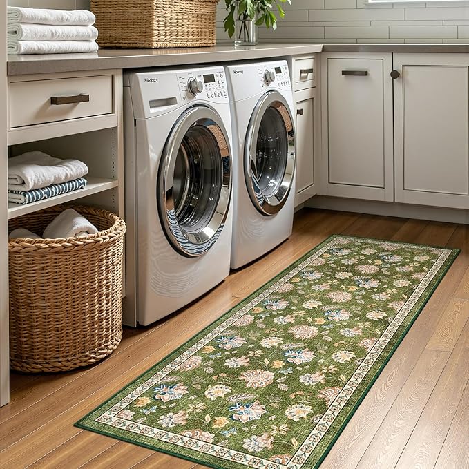 jinchan Elora 2x5 Floral Runner Rug for Hallway Washable Runner Vintage Romance Christmas Design Non Slip Thin Indoor Floor Cover Low-Profile Throw Carpet for Entryway Bathroom Bedroom Porch, Green