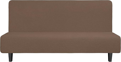 Easy-Going Stretch Futon Slipcover Armless Futon Bed Cover Furniture Protector Without Armrests with Elastic Bottom for Kids, Soft Jacquard Fabric Small Checks (Large, Brown)