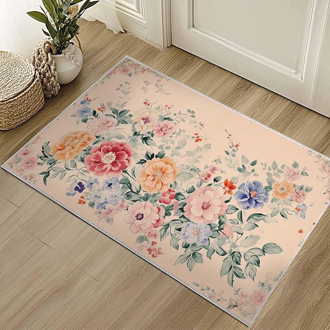 2x3 Floral Entryway Area Rug Beige Bathroom Rug Non Slip Machine Washable Low Pile Small Carpet Kitchen Bedroom Door Mat Entrance