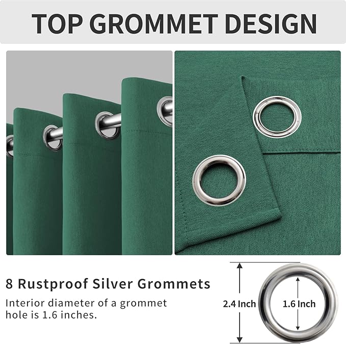 Easy-Going Linen Look Blackout Curtain Grommet Window Curtain Drapes for Bedroom, Living Room Thermal Insulated Room Darkening (2 Panels, 52x108 inch, Green)