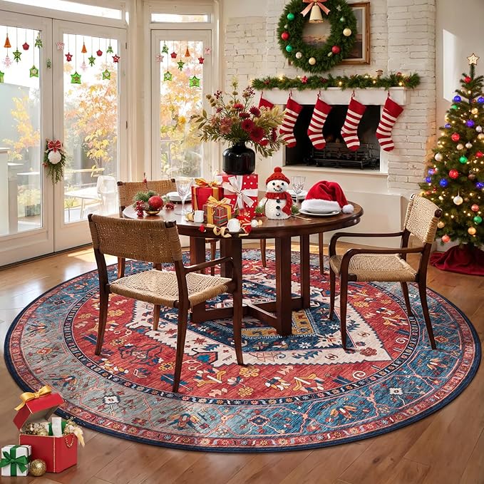 SERISSA Boho Round Area Rug, 6ft Washable Non-Slip Circle Rug, Ultra Soft Oriental Vintage Rust Low-Pile Circular Carpet for Bedroom Entryway Kids Room Office College Dorm Living Room
