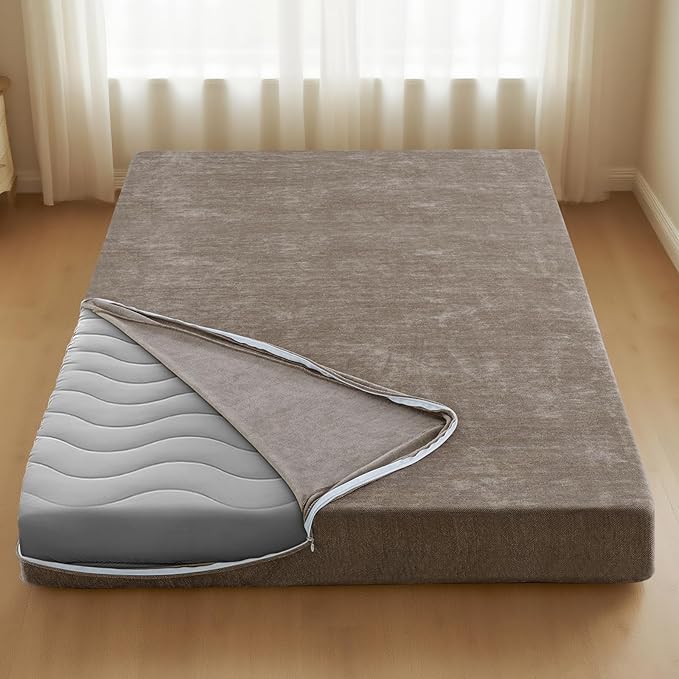 H.VERSAILTEX Full Size Armless Futon Mattress Covers for Traditional Japanese Futon Mattress Soft Chenille Couch Slipcovers Floor Mats Sofa Protector Zippered Sleeper Sofa Cover,Taupe