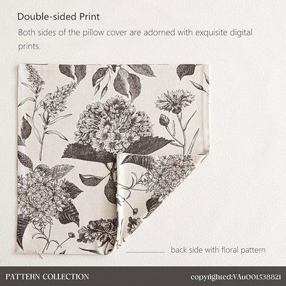 Foindtower Set of 2 Linen Floral Vintage Throw Pillow Covers Neutral Accent Print Decorative Cushion Covers Farmhouse Boho Home Decor for Sofa Chair Couch Bedroom Living Room,24×24 Inch,Black