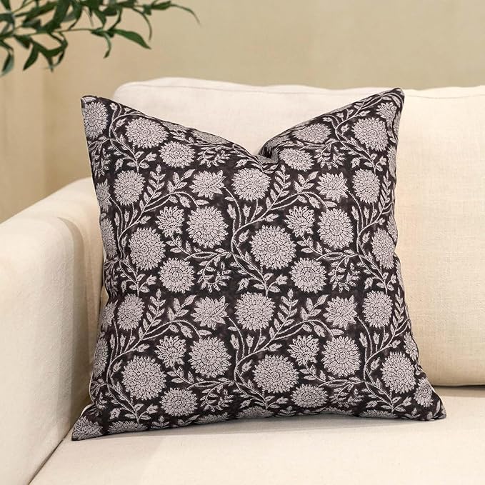 Amor Virisso Floral Throw Pillow Covers 18x18 Block Print Pillow Covers Vintage Neutral Couch Pillows for Living Room Farmhouse Decorative Accent Sofa Pillows, Black