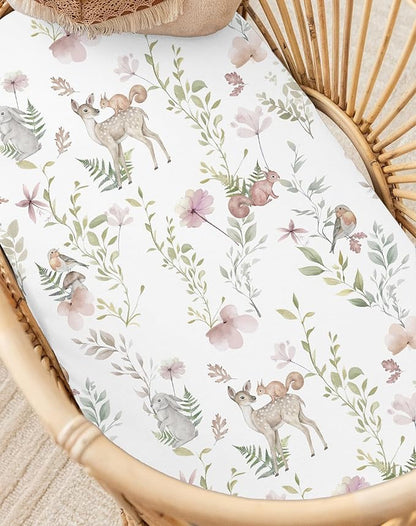 Bassinet Sheets for Baby Girls Boys 2 Pack, Fitted Baby Mattress Sheet for Rectangle, Oval, Hourglass Bassinet Mattress, Breathable Cozy & Universal Fit (Floral Fawn)