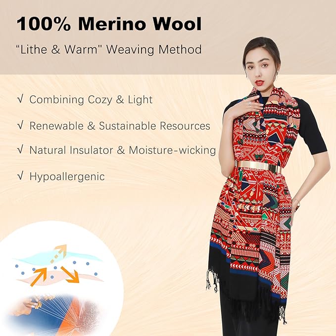 DANA XU 100% Merino Wool Pashmina Shawl for Women 96"x43", Oversized Cashmere Wrap with Tassels, Floral Travel Blanket Cape