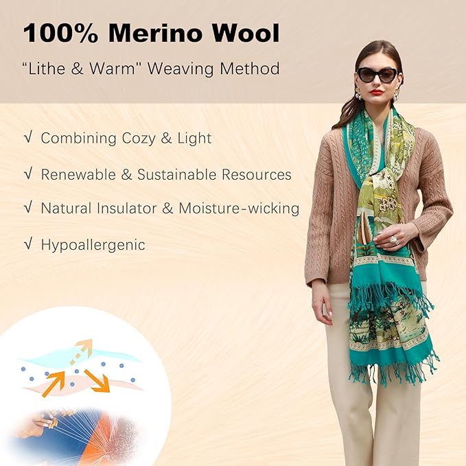 DANA XU 100% Merino Wool Extra Large Pashmina Blanket Travel Scarf Cashmere Wrap for Women Fall Winter Oversize Shawl Floral