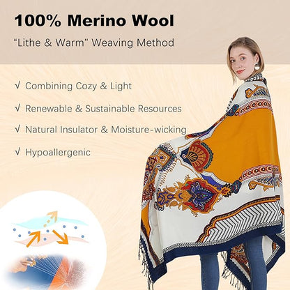 DANA XU 100% Merino Wool Extra Large Pashmina Blanket Travel Scarf Cashmere Wrap for Women Fall Winter Oversize Shawl Floral