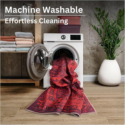 Bloom Rugs Washable Non-Slip 12 ft Runner - Red Traditional Bordered Runner for Entryway, Hallway, Bathroom, and Kitchen - Exact Size: 2.5' x 12'