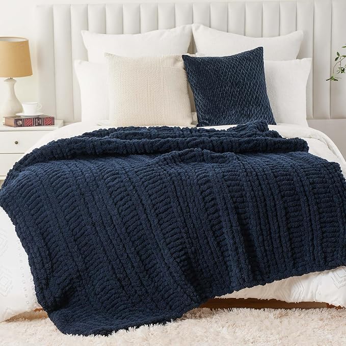 Battilo Navy Chunky Knit Throw Blanket for Couch, Navy Blue Chenille Throw Blanket Super Soft Cozy Thick Warm Cable Knitted Blanket for Bed, Sofa, Living Room, 50"x60"