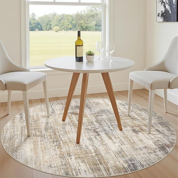 5ft Round Area Rug for Living Room: 5x5 Washable Neutral Abstract Modern Soft Rugs Non Slip Indoor Floor Stain Resistant Carpet for Bedroom Dining Room Office Nursery - Golden Brown