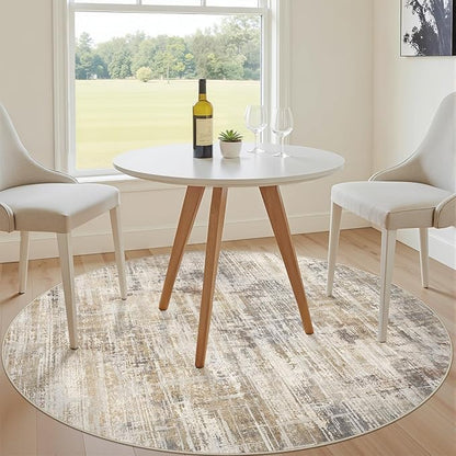 5ft Round Area Rug for Living Room: 5x5 Washable Neutral Abstract Modern Soft Rugs Non Slip Indoor Floor Stain Resistant Carpet for Bedroom Dining Room Office Nursery - Golden Brown