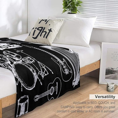 Music Blanket Drums Piano Guitar Black White Abstract Art Printed Soft Cozy Lightweight Throw Blanket for Kids Girls Boys Women Bedroom Living Room Dorm Chair Sofa Travel 40x50in