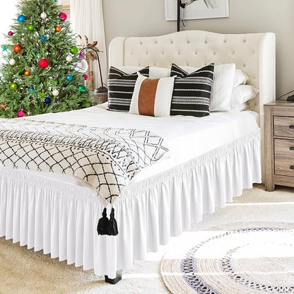 Biscaynebay Wrap Around Bed Skirts for King & Cal King Beds Extra Short Drop of 9", White Elastic Dust Ruffles Easy Fit Wrinkle & Fade Resistant Silky Luxurious Fabric Solid Machine Washable