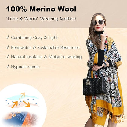 DANA XU 100% Merino Wool Extra Large Pashmina Blanket Travel Scarf Cashmere Wrap for Women Fall Winter Oversize Shawl Floral