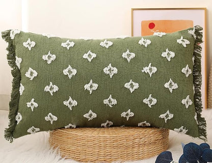 Boho Long Lumbar Pillow Cover 14x22 with Tassel,3D Flower Patterned Cotton Decorative Long Lumbar Pillow Cover Pillow Case for Sofa Couch Bed Livingroom Farmhouse,Sage Green