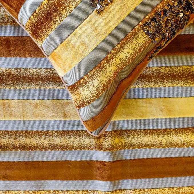 The HomeCentric King/Queen/Twin Gold & Brown Decorative Queen 74"x18" Bed Runner with Two Pillow Cover, Striped, Beadwork & Handmade Bed Scarf on Velvet Fabric - Streamlined