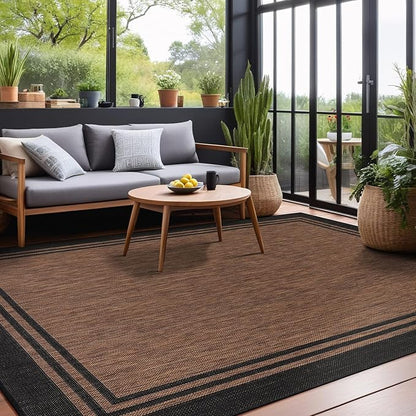 Bordered Outdoor Rug 8x10 Washable Outside Carpet for Indoor Patio Porch Waterproof Easy Cleaning Non Shedding Area Rugs Nut Brown 8 x 10