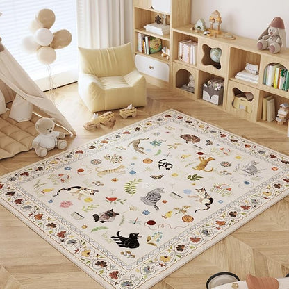 Rugcomf Area Rugs 9x12 Living Room Clearance Washable Boho Rug Non Slip Floral Animal Cat Vintage Low Pile Large Rug for Living Room Bedroom Farmhouse Dining Room Kids Playroom, Beige