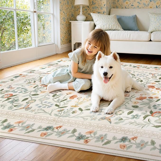 Lahome Floral Washable Area Rugs 8x10, Non-Slip Living Room Carpet Soft Tumble Washable Rugs for Bedroom Nursery, Vintage Botanical Print Carpet for Classroom Kids Room Dining Room, Beige
