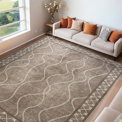 Area Rugs 6x9 Washable Rug, Non-Slip Rugs for Living Room, Low Pile Bordered Rugs Alfombras, Large Print Rubber Backing Indoor Carpet for Home Decor Bedroom Nursery Dining Room, Brown