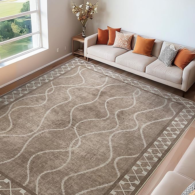 Washable Area Rugs 8x10, Non-Slip Rugs for Living Room Bedroom, Low Pile Large Soft Alfombras, Modern Bordered Home Floor Rugs for Kids Playroom Office Dining Room Farmhouse, Brown