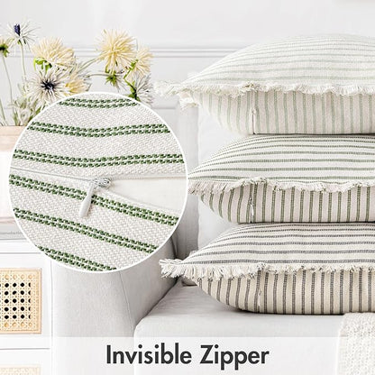 MIULEE Pack of 2 Olive Green Christmas Pillow Covers 18x18 Inch Striped Farmhouse Couch Throw Pillow Covers with Fringe Chic Linen Decorative Cushion Covers for Sofa Living Room Bed Outdoor Home Decor