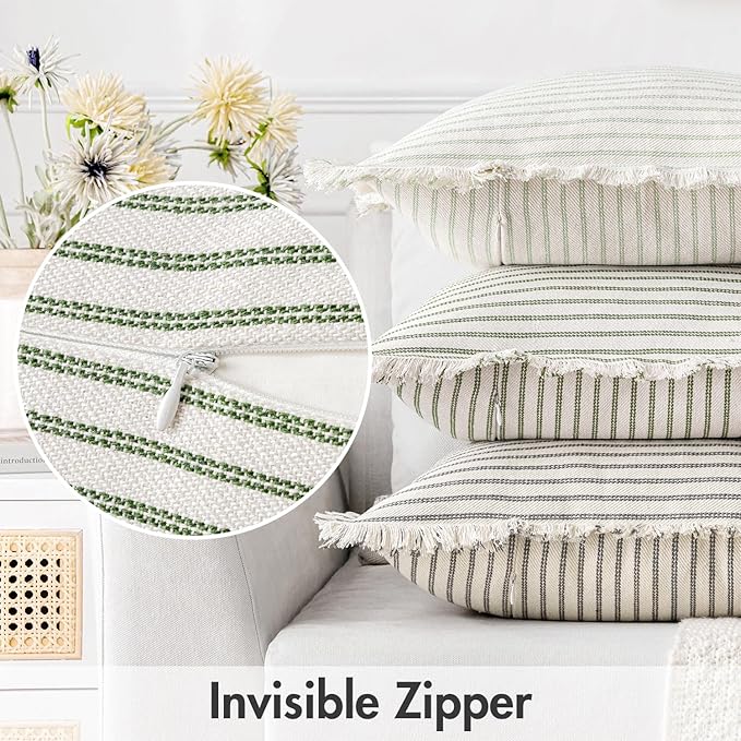 MIULEE Pack of 2 Olive Green Christmas Pillow Covers 20x20 Inch Striped Farmhouse Couch Throw Pillow Covers with Fringe Chic Linen Decorative Cushion Covers for Sofa Living Room Bed Outdoor Home Decor