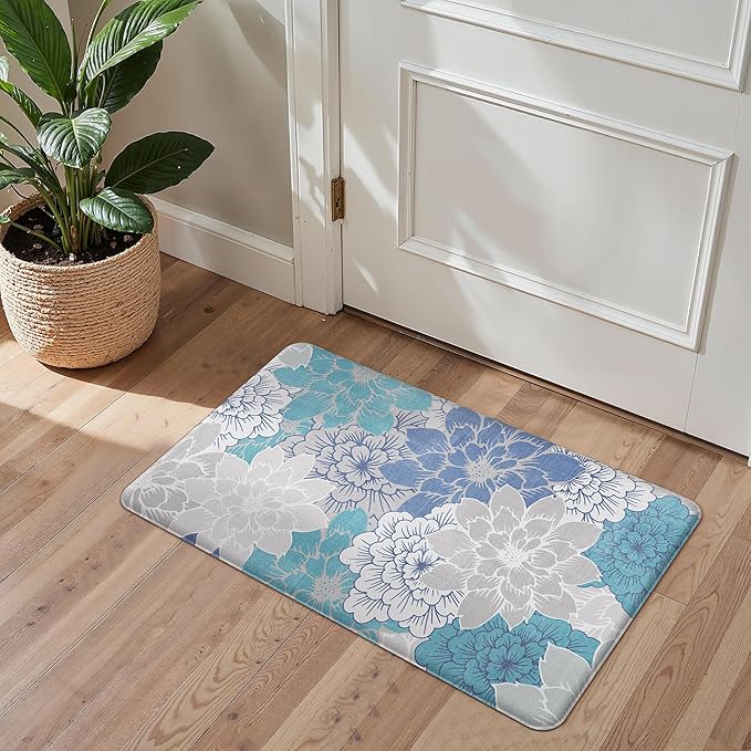 GENIMO Kitchen Mats for Floor, Kitchen Rugs Non Slip Washable Sets of 2, Waterproof Cushioned Anti Fatigue Mat, Floral Runner Rug for Laundry, Sink, Office, Home, 17.3"x47"+17.3"x30", Sky Blue