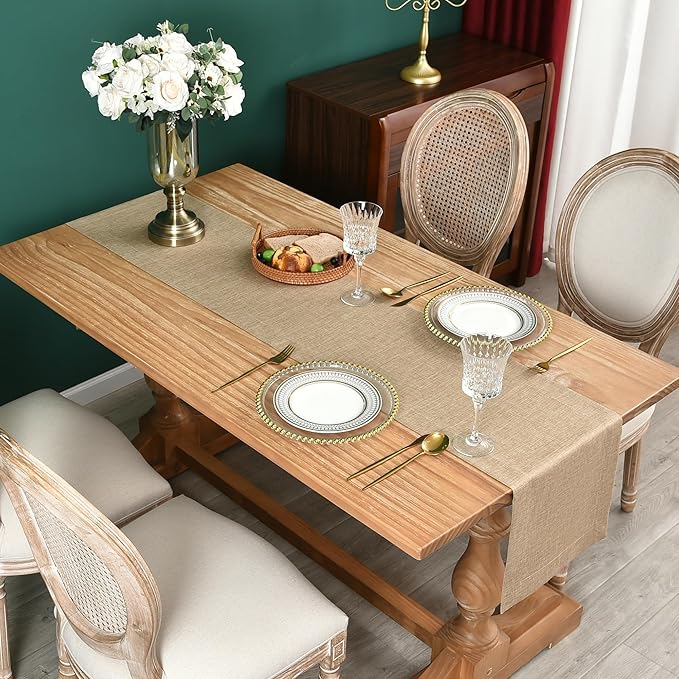 NEWISHER Farmhouse Rustic Table Runner Solid Flaxen Rectangular Table Runners Faux Linen Table Runner for Everyday Use Kitchen Dining Party Table 13x60 Inch