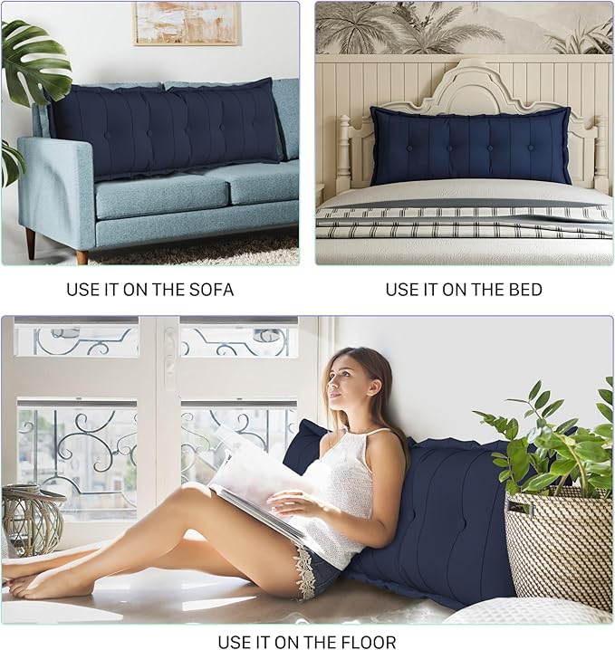 Large Bolster Reading Pillow Queen Backrest Positioning Support Pillow Daybed Cushion Headboard Pillows for Bed Bunk Sofa with Removable Cover, Dark Blue, 59x3x20 Inch
